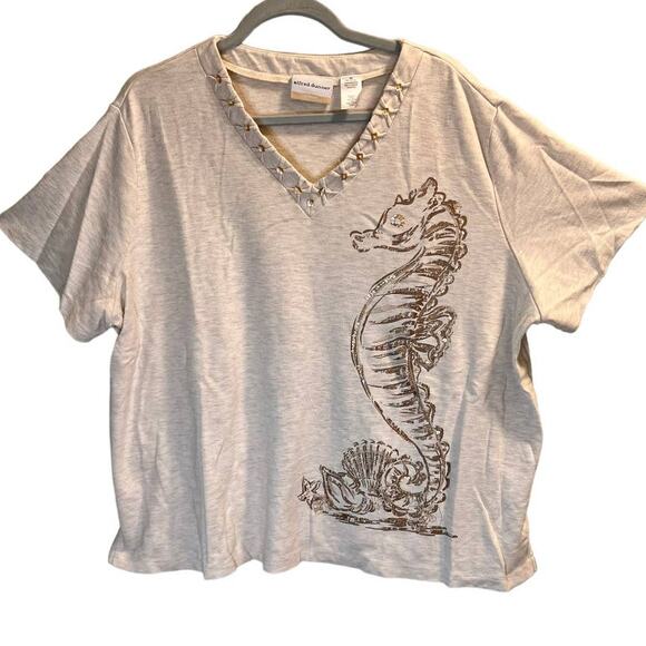 Alfred Dunner Beaded V-Neck Seahorse Top Plus Size 3X Cream Cotton Blend - Picture 11 of 12